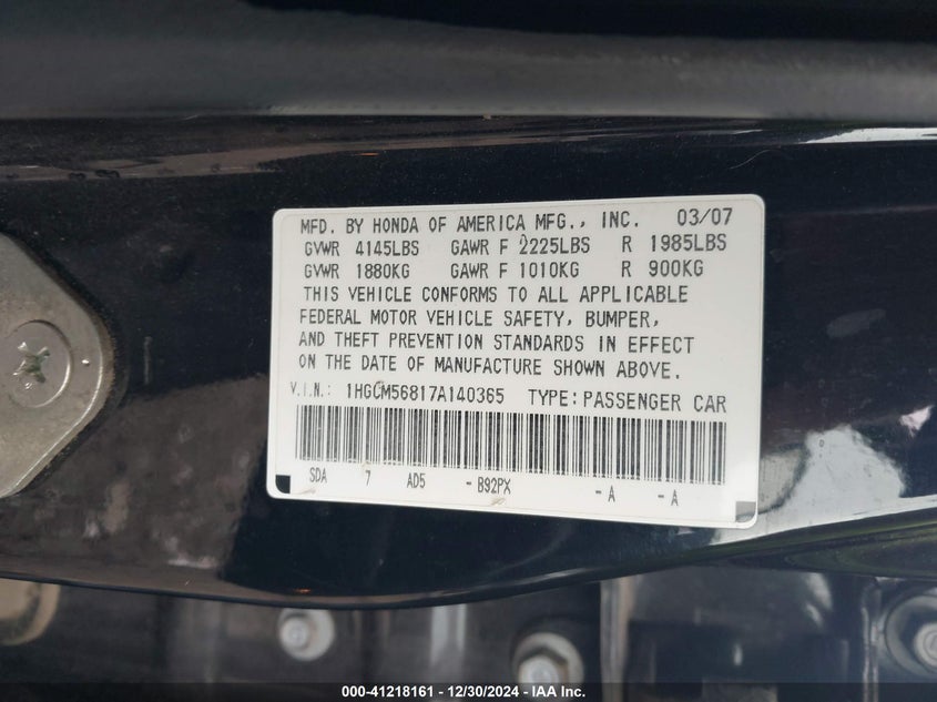 2007 HONDA ACCORD VIN: 1HGCM56817A140365