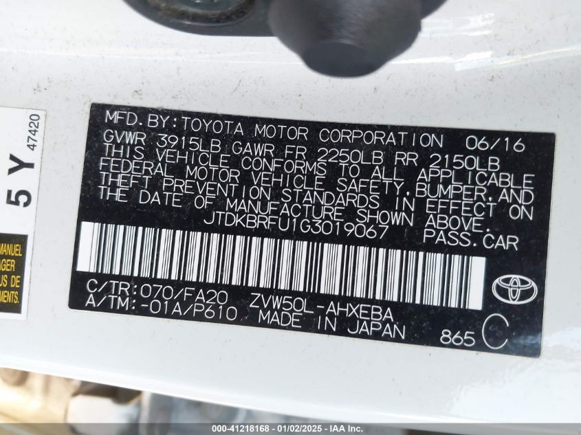 VIN JTDKBRFU1G3019067 2016 TOYOTA PRIUS no.9