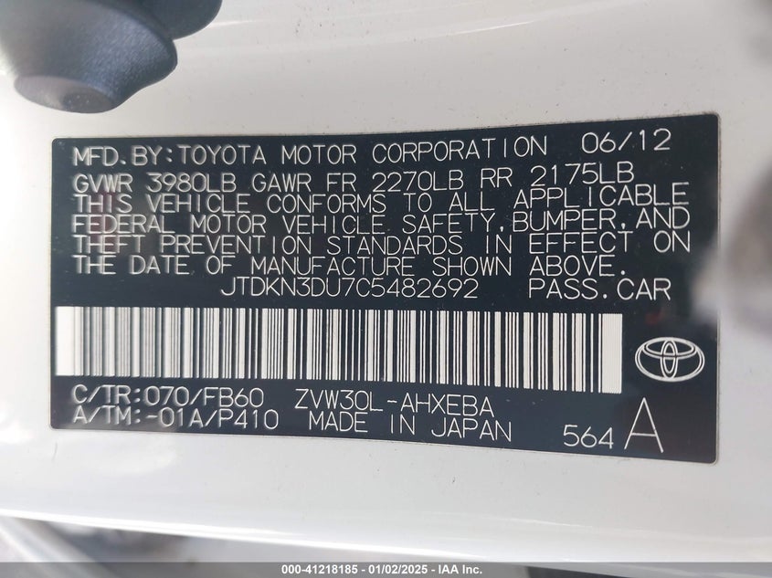 2012 TOYOTA PRIUS VIN: JTDKN3DU7C5482692
