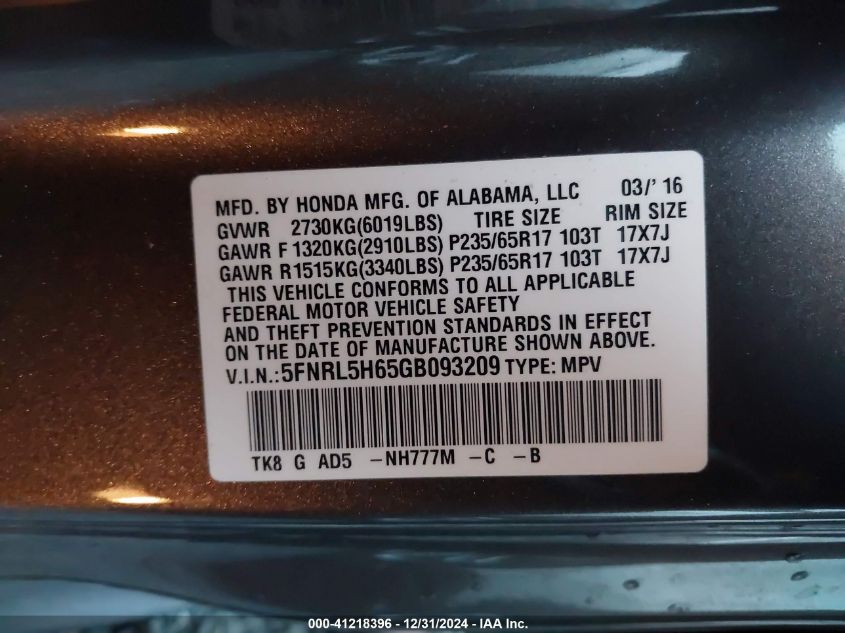 VIN 5FNRL5H65GB093209 2016 Honda Odyssey, Ex-L no.9