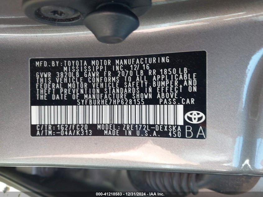 2017 TOYOTA COROLLA VIN: 5YFBURHE7HP628155