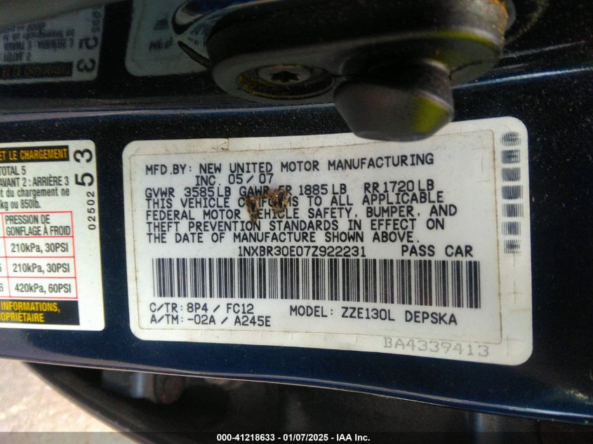 2007 Toyota Corolla S VIN: 1NXBR30E07Z922231 Lot: 41218633