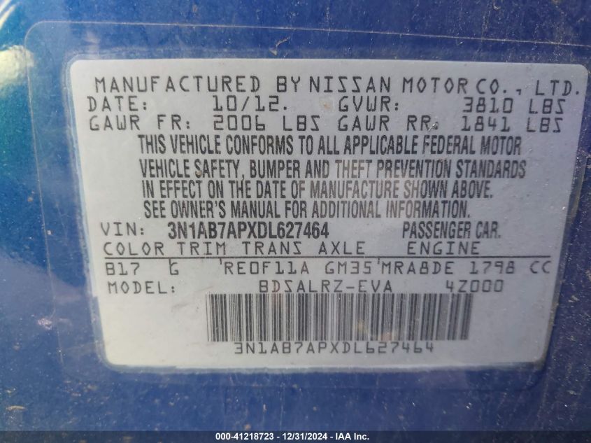 VIN 3N1AB7APXDL627464 2013 Nissan Sentra, SR no.9