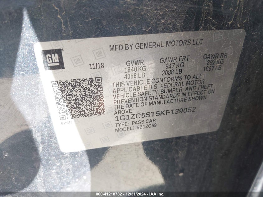 2019 CHEVROLET MALIBU VIN: 1G1ZC5ST5KF139052