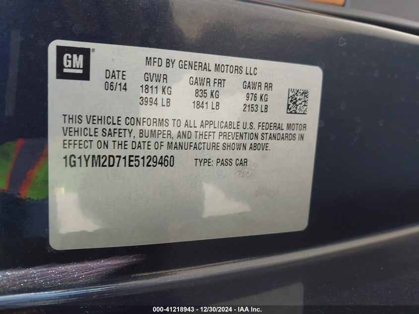 2014 CHEVROLET CORVETTE STINGRAY VIN: 1G1YM2D71E5129460