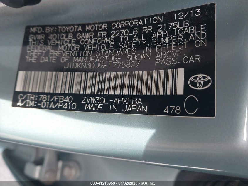 VIN JTDKN3DU9E1775827 2014 Toyota Prius no.9