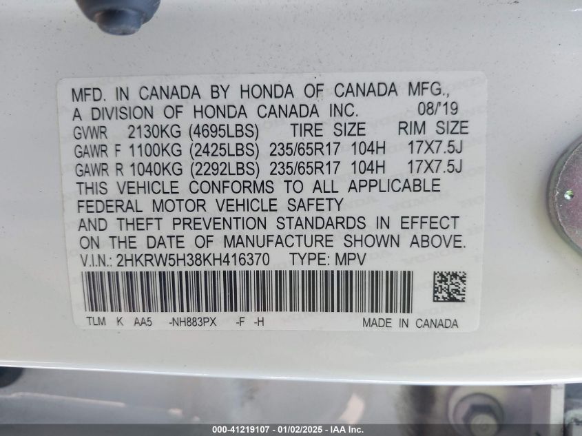 VIN 2HKRW5H38KH416370 2019 Honda CR-V, LX no.9