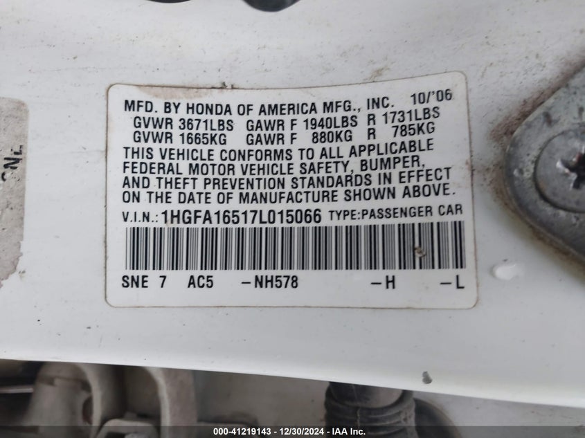 2007 HONDA CIVIC VIN: 1HGFA16517L015066