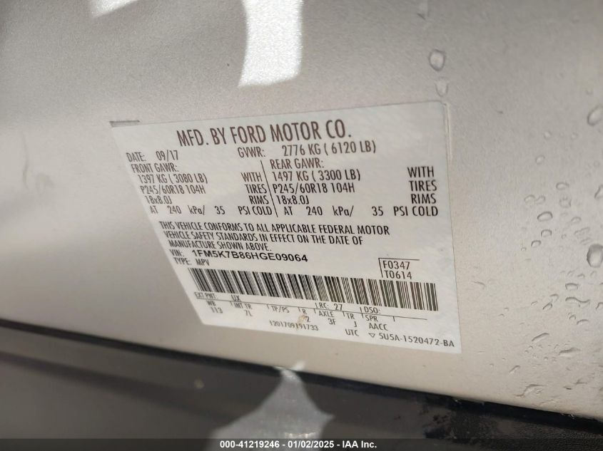 2017 Ford Explorer VIN: 1FM5K7B86HGE09064 Lot: 41219246