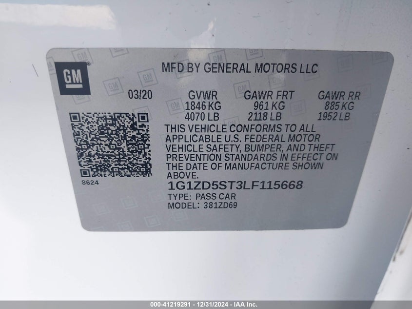 2020 CHEVROLET MALIBU VIN: 1G1ZD5ST3LF115668
