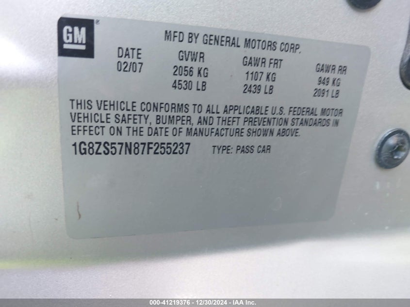 2007 SATURN AURA VIN: 1G8ZS57N87F255237