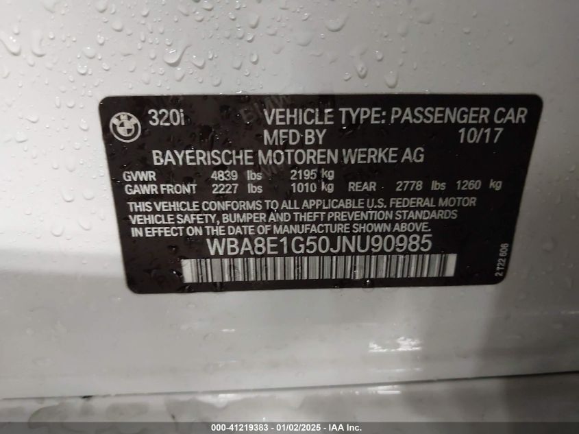 VIN WBA8E1G50JNU90985 2018 BMW 3 Series, 320I no.9