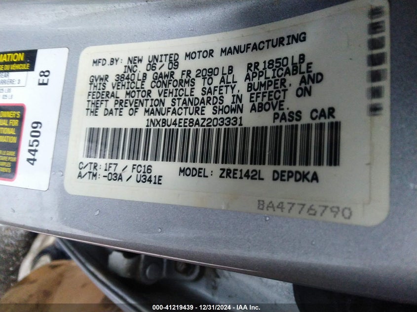 2010 TOYOTA COROLLA VIN: 1NXBU4EE8AZ203331