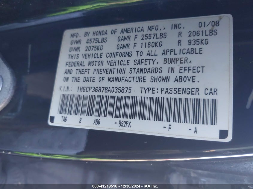 2008 HONDA ACCORD VIN: 1HGCP36878A035875