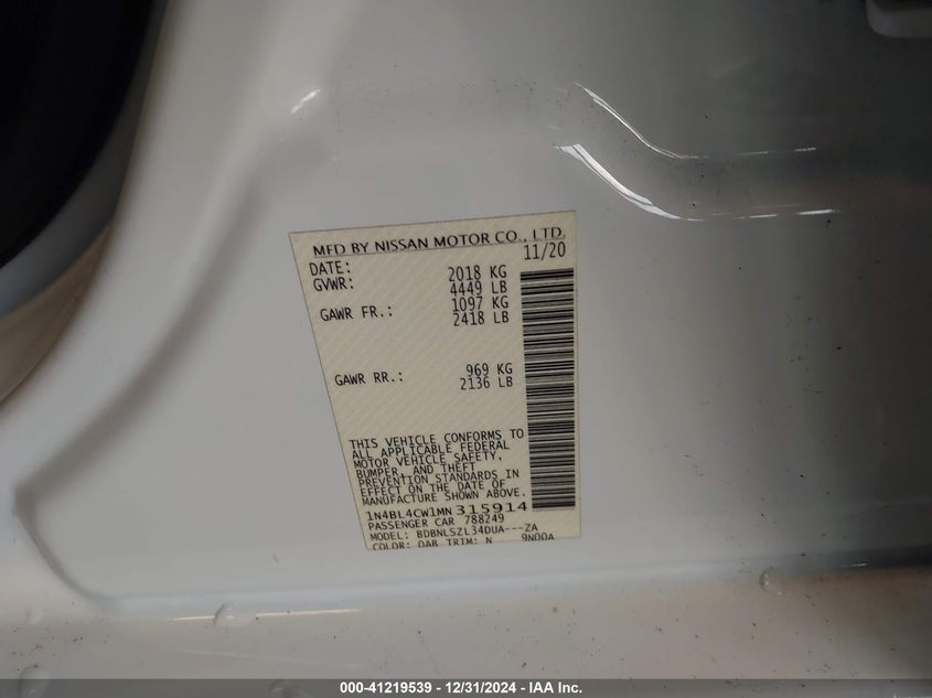 2021 NISSAN ALTIMA VIN: 1N4BL4CW1MN315914