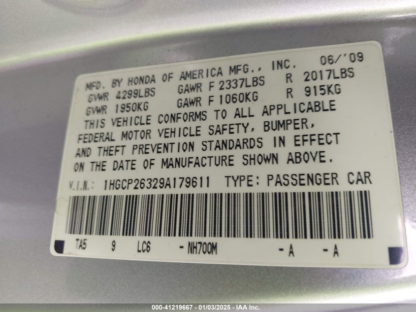 2009 HONDA ACCORD VIN: 1HGCP26329A179611