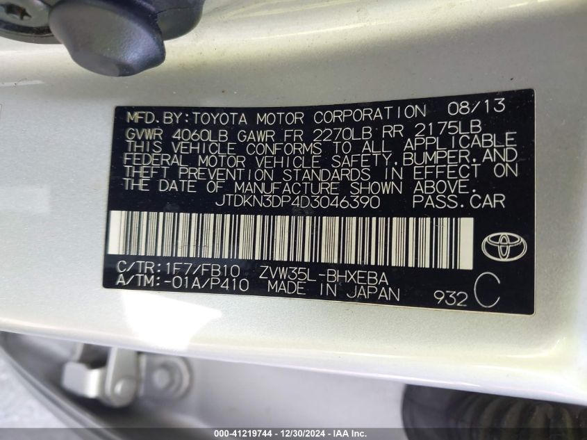 VIN JTDKN3DP4D3046390 2013 TOYOTA PRIUS PLUG-IN no.9