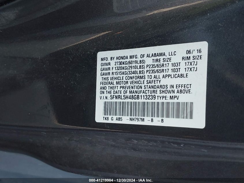 VIN 5FNRL5H48GB113239 2016 HONDA ODYSSEY no.9