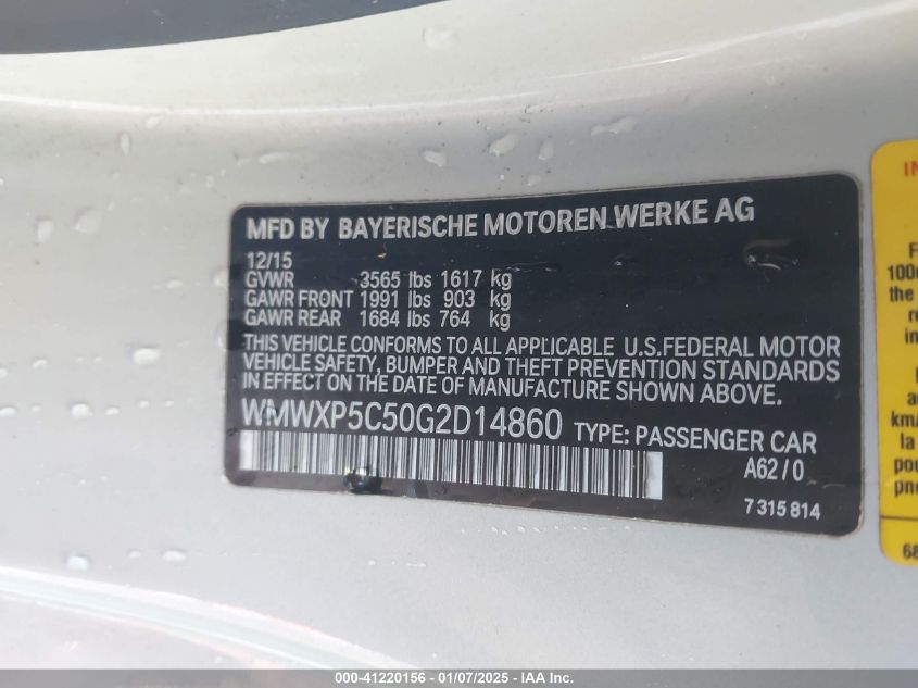 2016 MINI HARDTOP VIN: WMWXP5C50G2D14860