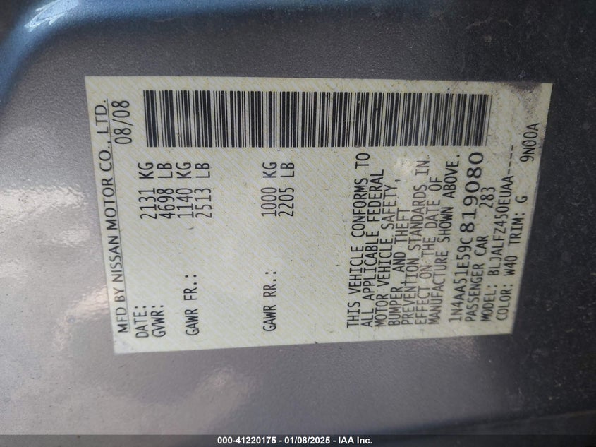 2009 NISSAN MAXIMA VIN: 1N4AA51E59C819080