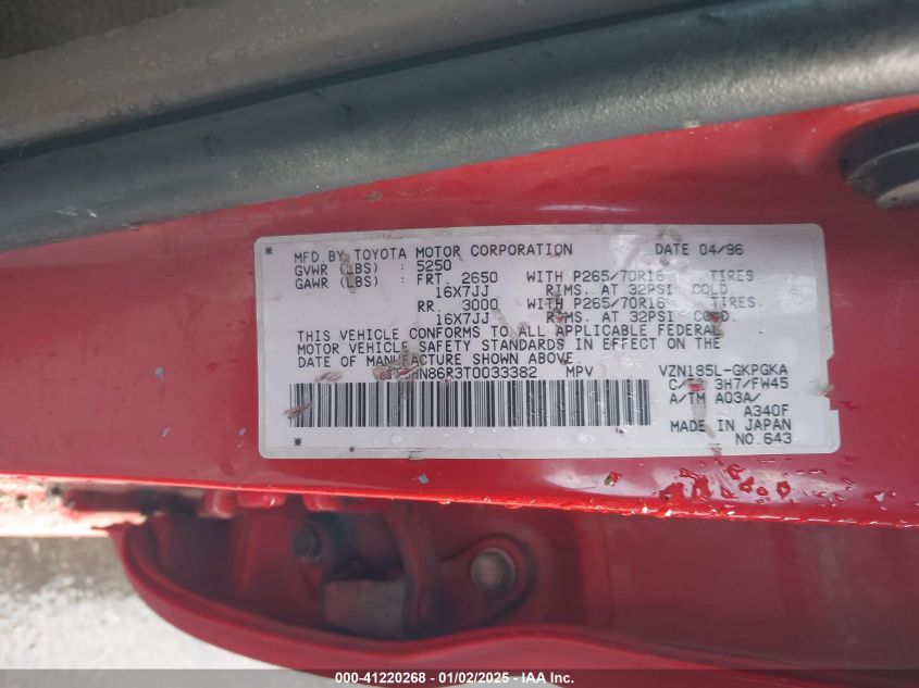 1996 Toyota 4Runner Sr5 VIN: JT3HN86R3T0033382 Lot: 41220268
