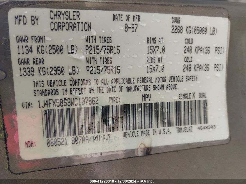 1998 Jeep Grand Cherokee Laredo VIN: 1J4FX58S3WC107862 Lot: 41220310