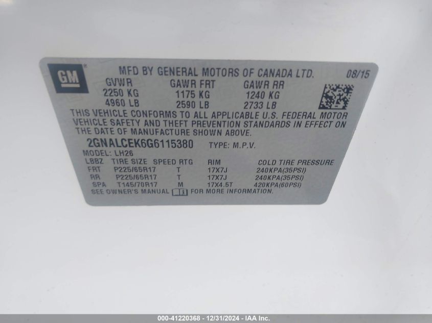 VIN 2GNALCEK6G6115380 2016 Chevrolet Equinox, LT no.9