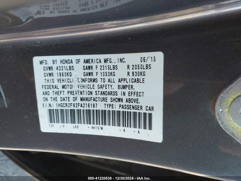 2015 HONDA ACCORD VIN: 1HGCR2F82FA216187