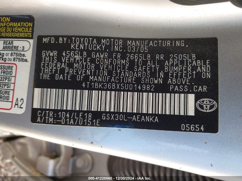 2005 Toyota Avalon Touring VIN: 4T1BK36BX5U014982 Lot: 41220560