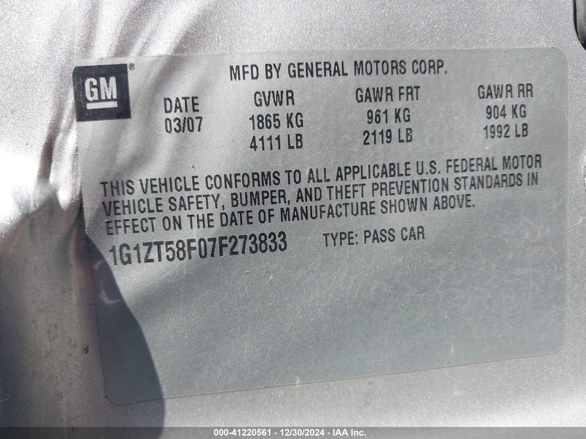 2007 CHEVROLET MALIBU VIN: 1G1ZT58F07F273833