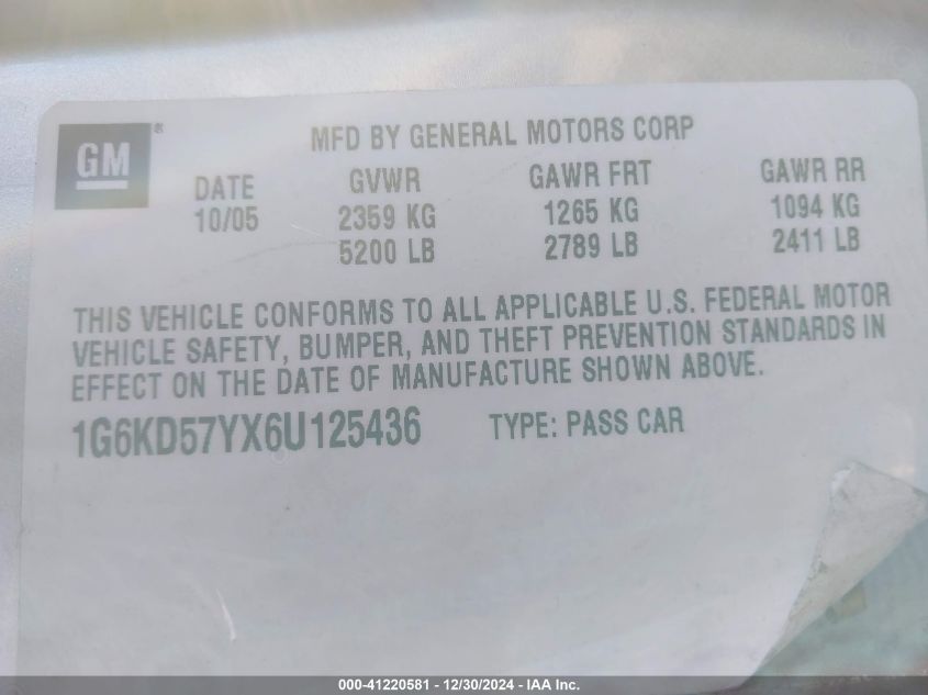 2006 Cadillac Dts Standard VIN: 1G6KD57YX6U125436 Lot: 41220581