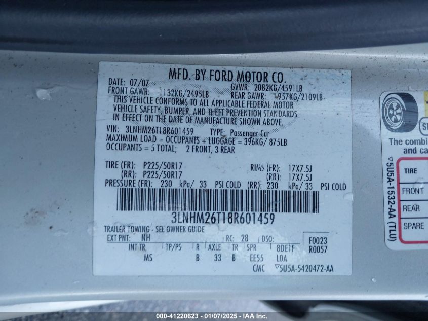 2008 Lincoln Mkz VIN: 3LNHM26T18R601459 Lot: 41220623