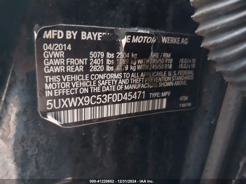 VIN 5UXWX9C53F0D45471 2015 BMW X3 no.9