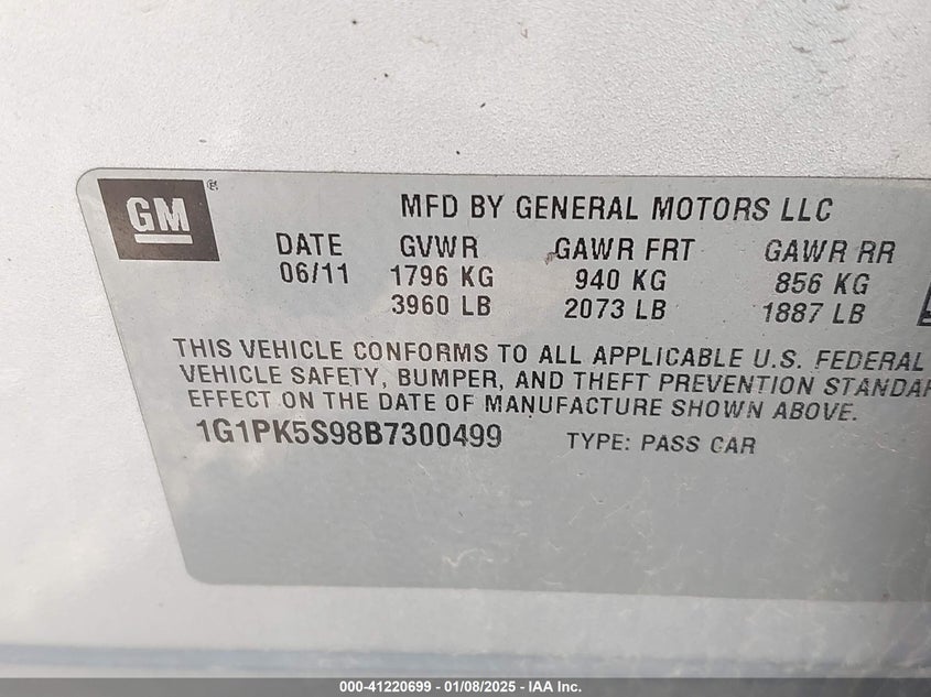 2011 CHEVROLET CRUZE VIN: 1G1PK5S98B7300499