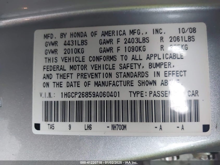 2009 HONDA ACCORD VIN: 1HGCP26859A060401