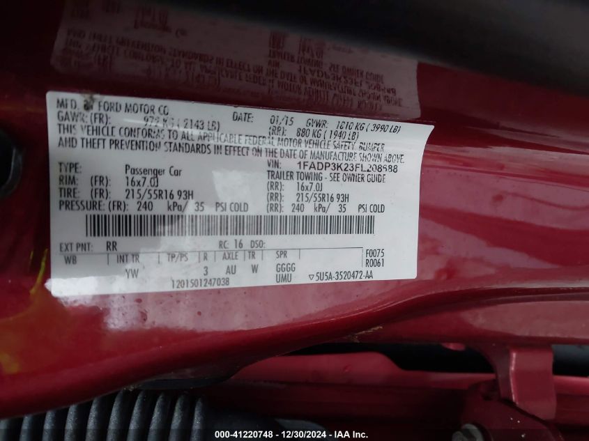 VIN 1FADP3K23FL208688 2015 FORD FOCUS no.9