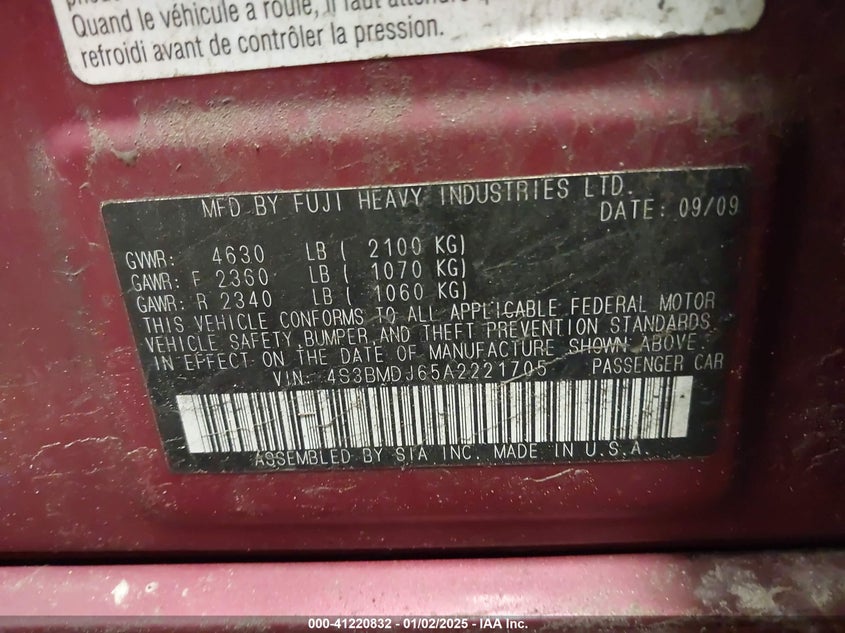 2010 SUBARU LEGACY VIN: 4S3BMDJ65A2221705