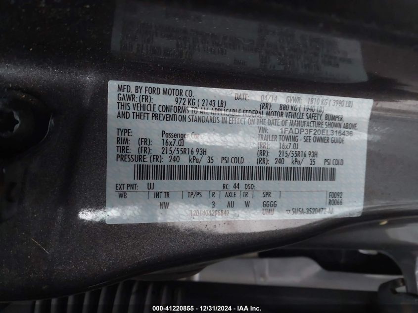 VIN 1FADP3F20EL316436 2014 Ford Focus, SE no.9