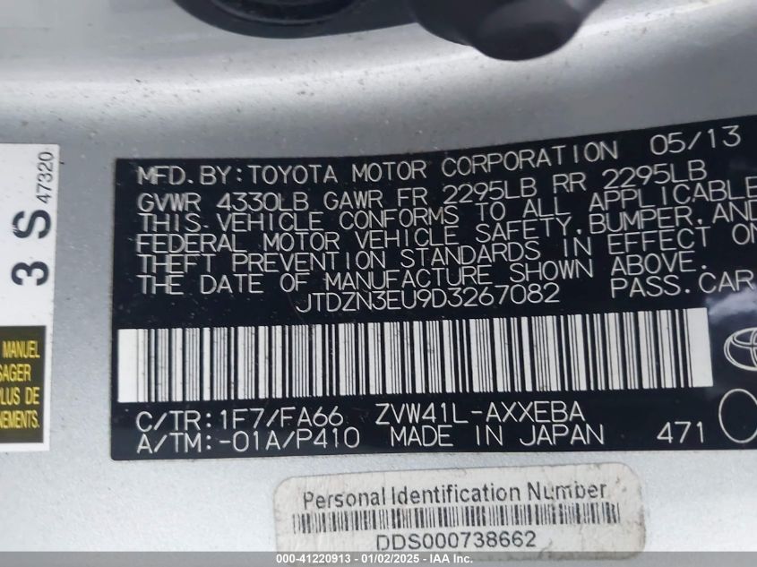 VIN JTDZN3EU9D3267082 2013 TOYOTA PRIUS V no.9