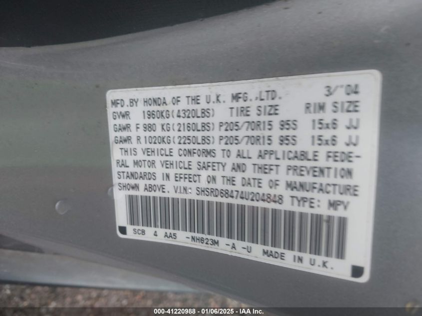 2004 Honda Cr-V Lx VIN: SHSRD68474U204848 Lot: 41220988