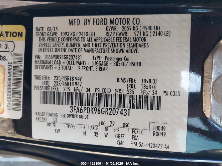 2016 FORD FUSION VIN: 3FA6P0K96GR207431