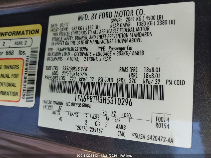 2017 FORD MUSTANG VIN: 1FA6P8TH3H5310296