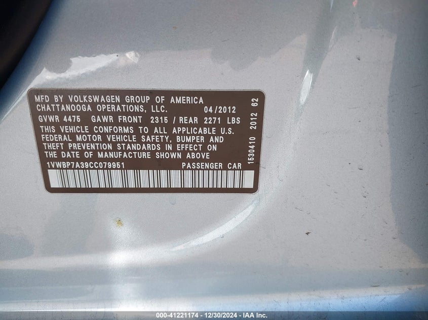 2012 VOLKSWAGEN PASSAT VIN: 1VWBP7A39CC079951