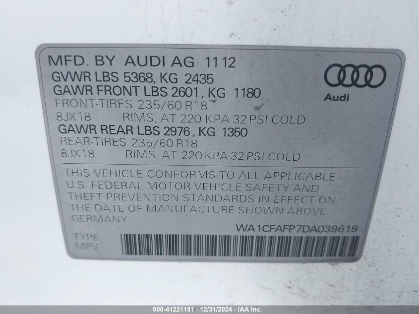 VIN WA1CFAFP7DA039619 2013 Audi Q5, 2.0T Premium no.9