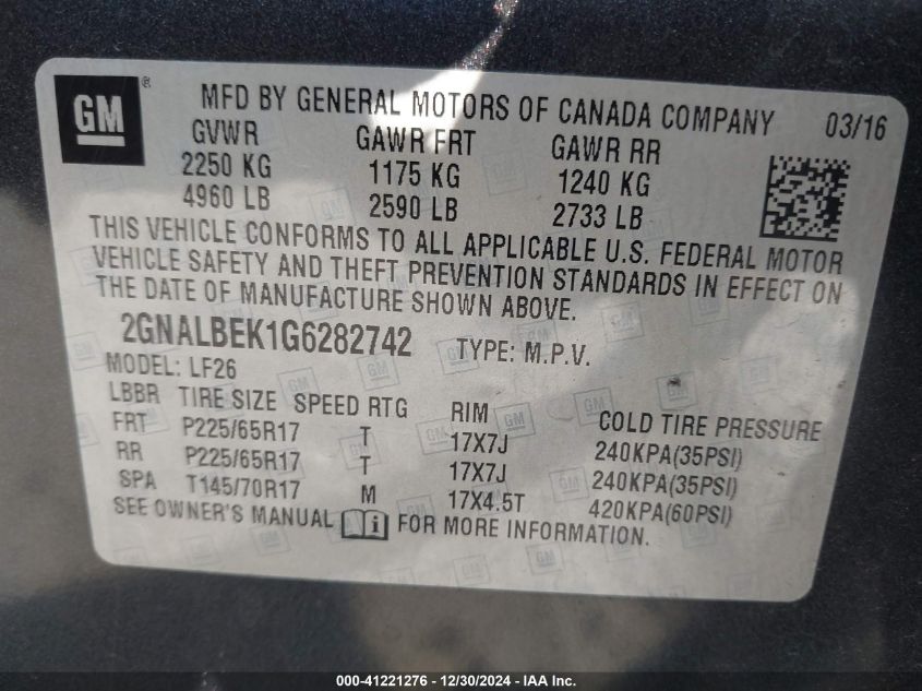 VIN 2GNALBEK1G6282742 2016 CHEVROLET EQUINOX no.9