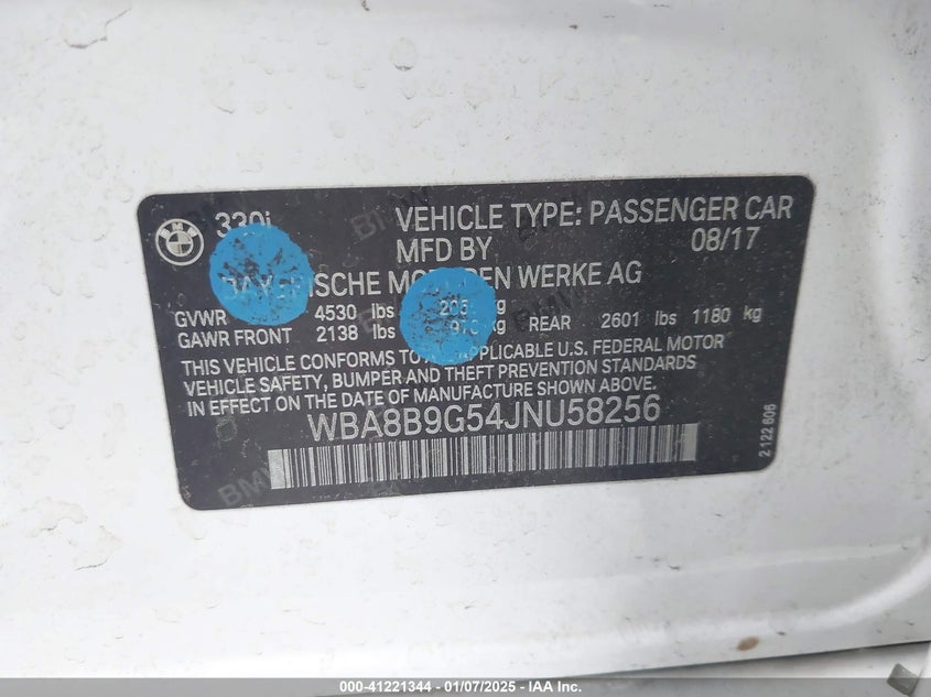 2018 BMW 330 VIN: WBA8B9G54JNU58256