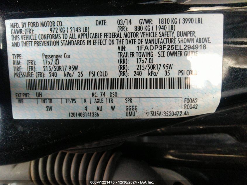 VIN 1FADP3F25EL294918 2014 FORD FOCUS no.9