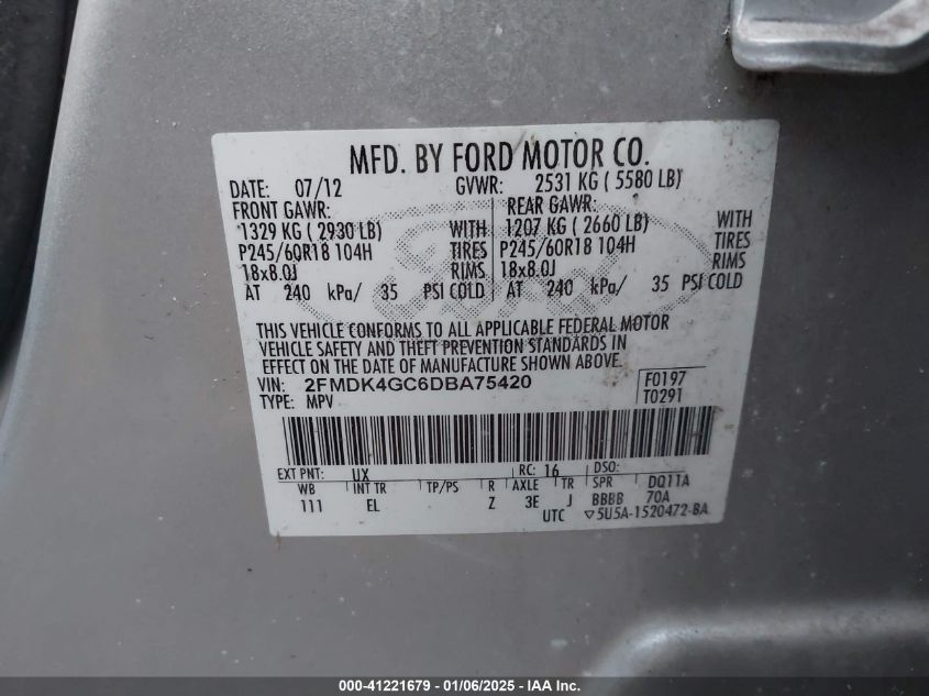 VIN 2FMDK4GC6DBA75420 2013 FORD EDGE no.9