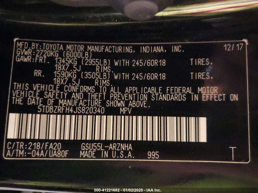 2018 TOYOTA HIGHLANDER LE PLUS - 5TDBZRFH4JS820340