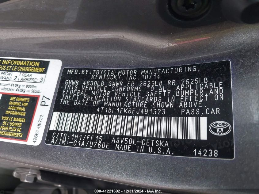 VIN 4T1BF1FK6FU491323 2015 Toyota Camry, SE no.9